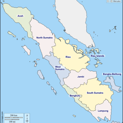Outline map of Sumatra Island divided into the 8 provinces